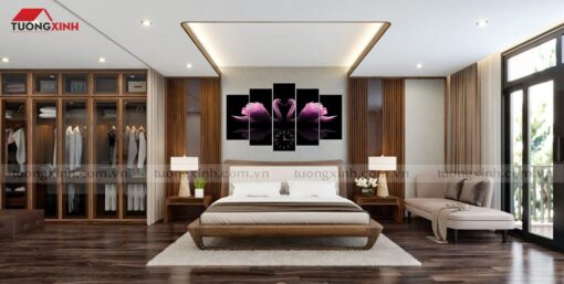 Tranh đồng hồ treo phòng ngủ đôi thiên nga tím TY0101A
