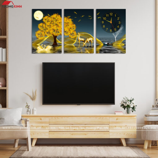 Đồng hồ tranh hươu vàng phong cảnh nghệ thuật DH1152