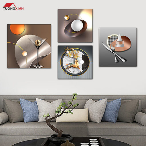 Tranh tráng gương bộ 4 tấm Hươu 3D Trừu Tượng TG1574