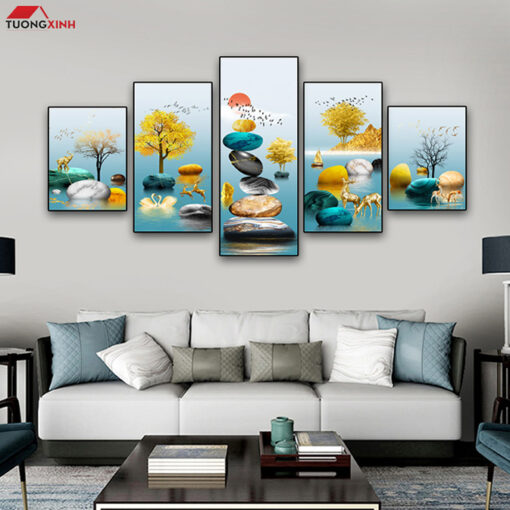 Tranh bộ tráng gương 5 tấm Hươu Phong Cảnh Nghệ Thuật TG1542