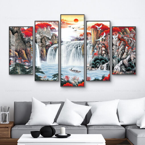 Tranh bộ tráng gương sơn thủy hữu tình trang trí phòng khách TG2766