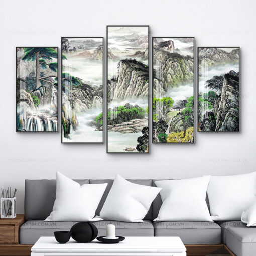 Tranh bộ tráng gương sơn thủy hữu tình trang trí phòng khách TG2767