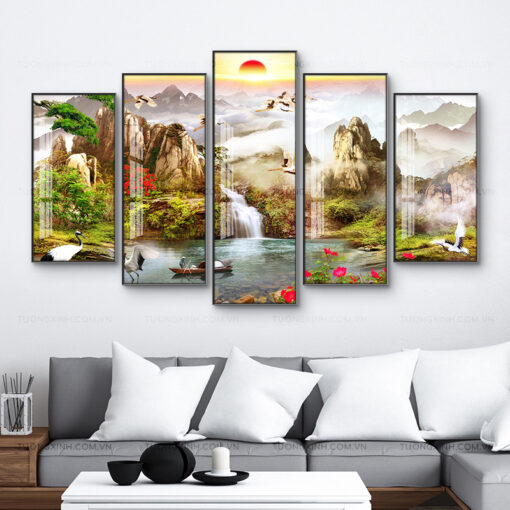 Tranh bộ tráng gương sơn thủy hữu tình trang trí phòng khách TG2768