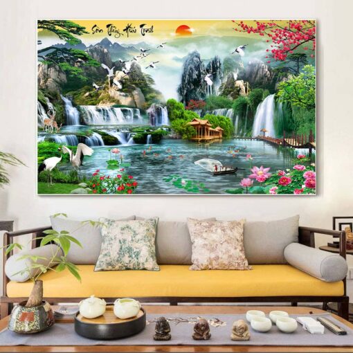 Tranh tráng gương sơn thủy hữu tình trang trí phòng khách TG2858