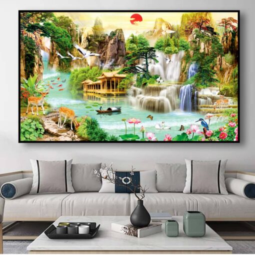 Tranh tráng gương sơn thủy hữu tình trang trí phòng khách TG2859