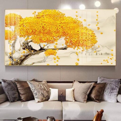 Tranh tráng gương cây đồng tiền vàng trang trí phòng khách TG3222