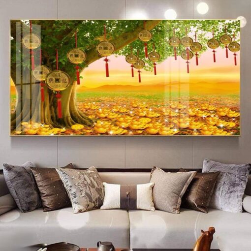 Tranh tráng gương cây đồng tiền vàng trang trí phòng khách TG3232