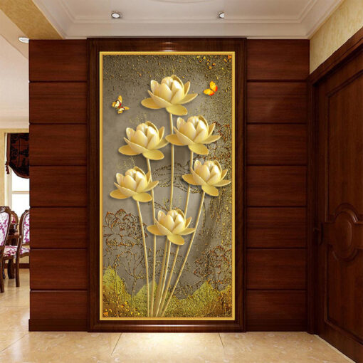 Tranh dán tường 3D hoa sen vàng nghệ thuật TDT227