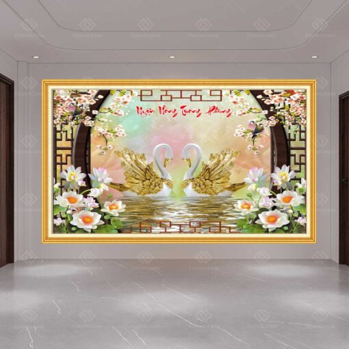 Tranh dán tường 3D đôi thiên nga TDT79