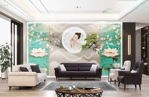 Tranh pvc tráng gương ốp tường lam sóng TC1701
