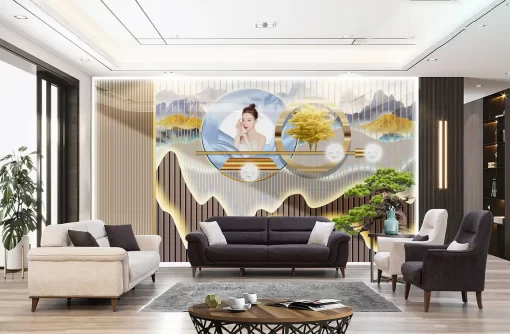 Tranh pvc tráng gương ốp tường lam sóng TC1703