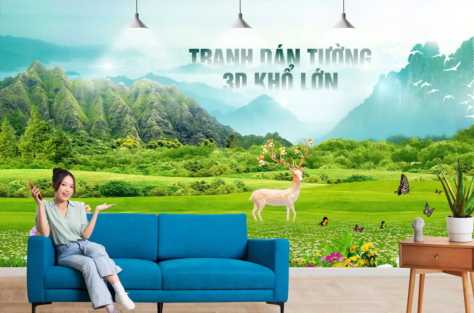 Tranh dán tường 3D cành hoa nghệ thuật TDT1666