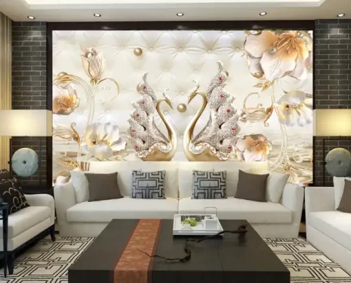 Tranh dán tường 3D khổ lớn đôi thiên nga uyên ương TDT463