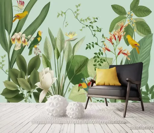 Tranh dán tường 3D khổ lớn lá cây xanh nhiệt đới TDT481