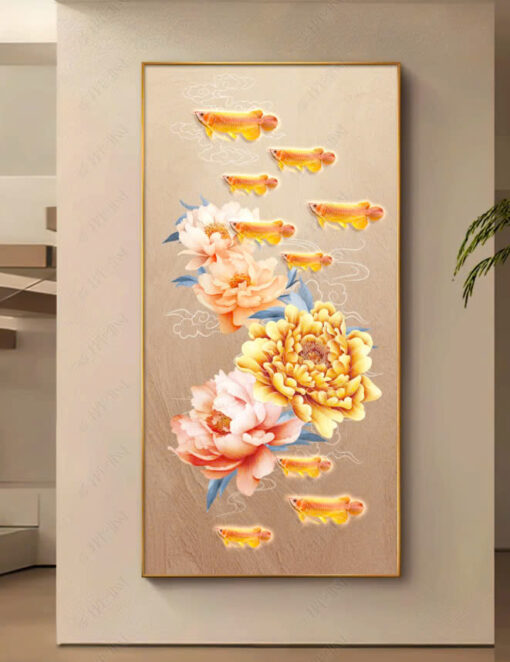 Tranh treo tường tráng gương hoa mẫu đơn cửu ngư TG4612