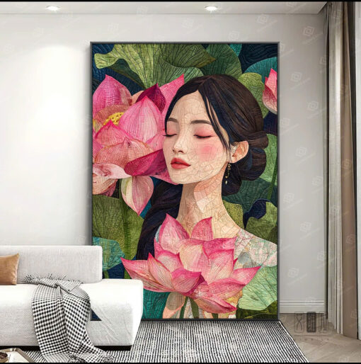 Tranh cô gái và hoa sen nghệ thuật TG4781