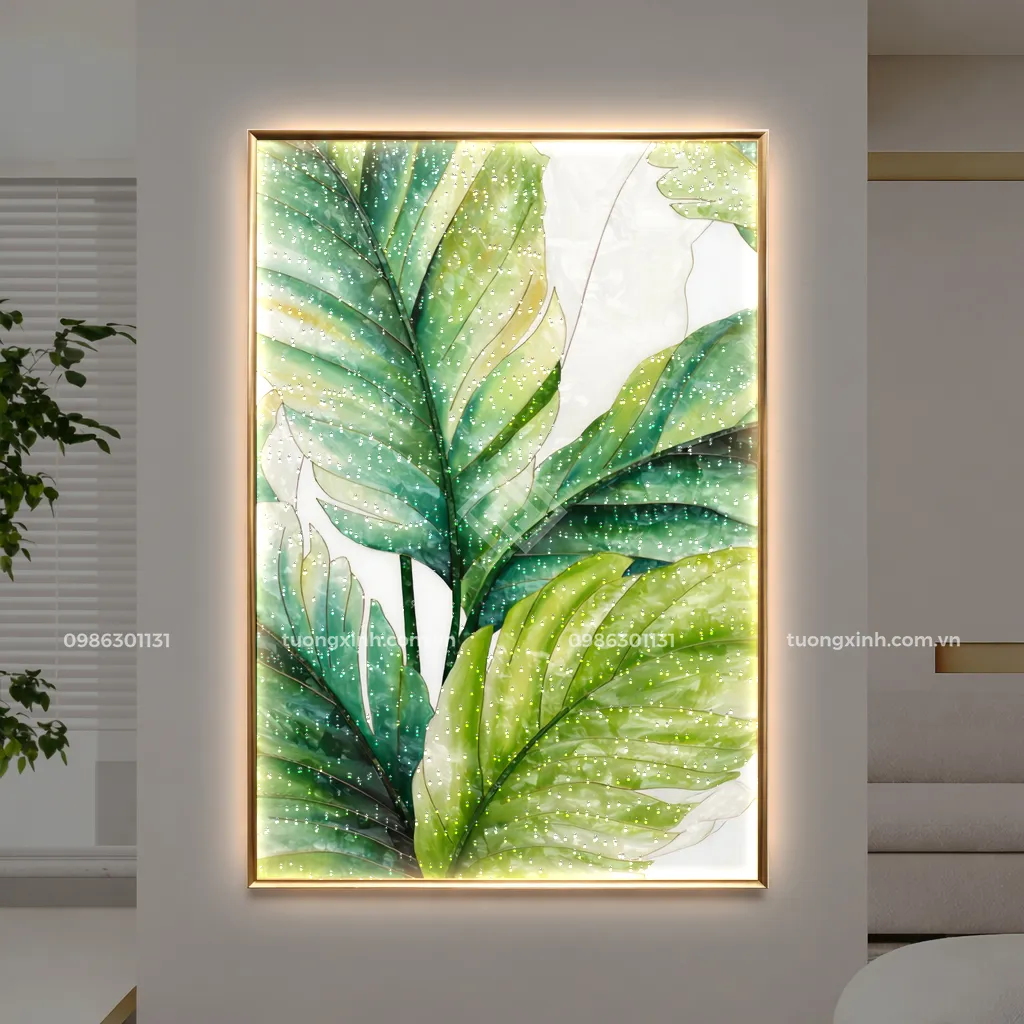 Tranh phòng khách đèn LED tráng gương lá cây nghệ thuật đính đá pha lê sang trọng LD878 1 Tranh phòng khách đèn LED tráng gương lá cây nghệ thuật đính đá pha lê sang trọng LD878