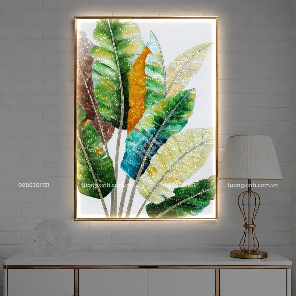 Tranh LED đính đá cao cấp lá cây nghệ thuật treo phòng khách LD877 1 Tranh LED đính đá cao cấp lá cây nghệ thuật treo phòng khách LD877