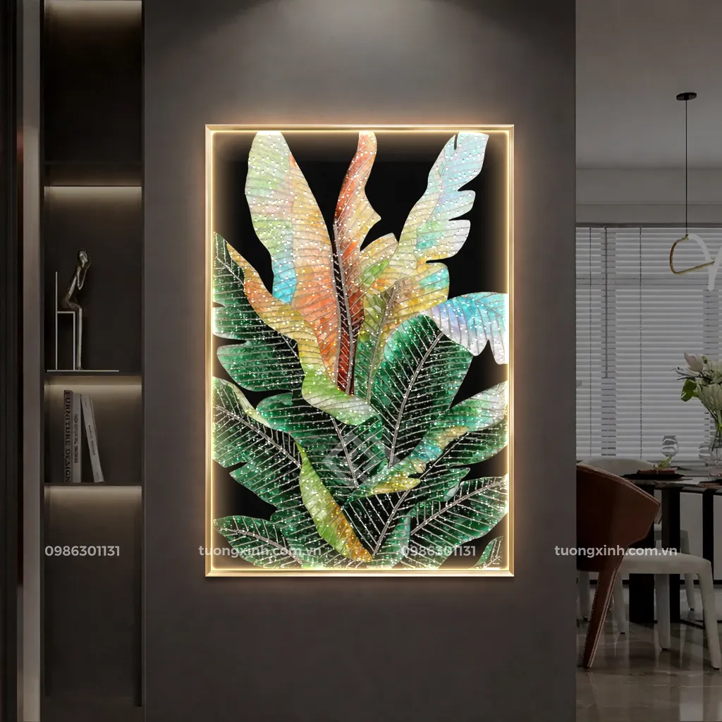Tranh tráng gương đèn LED đính đá cao cấp lá cây nghệ thuật LD905 1 Tranh tráng gương đèn LED đính đá cao cấp lá cây nghệ thuật LD905