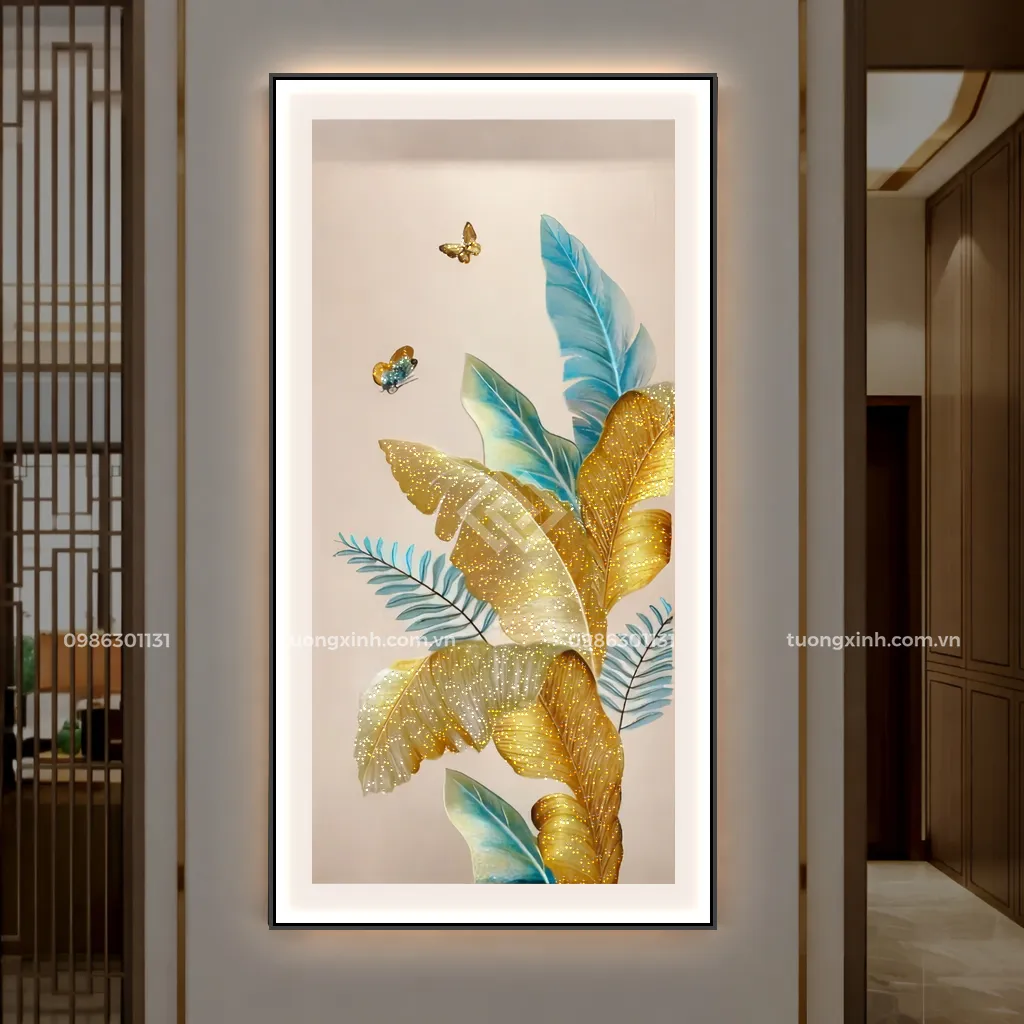 Tranh tráng gương phòng khách sang trọng đèn LED đính đá lá cây nghệ thuật LD932 1 Tranh tráng gương phòng khách sang trọng đèn LED đính đá lá cây nghệ thuật LD932